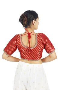 <b>Red</b> Embroidered 100% <b>Silk</b> Crop <b>Top</b> Ethnic Blouse with Dot Pattern Woven Loose Fit for Women Wedding Festival Wear - Product Image 2