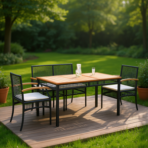 Ensemble de salle à manger de jardin en rotin noir 4 places avec plateau en teck, mobilier d'extérieur résistant aux intempéries, design contemporain - Product Image 2