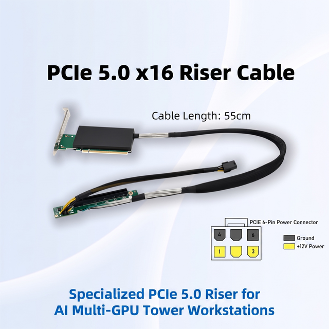 PCIe5.0 X16 Riser Cable with 6-Pin Power Connector 55cm High-Speed Copper Cable Stock AI Multi-GPU Desktop Workstations