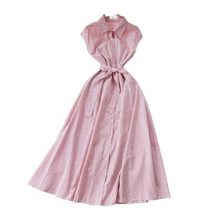 Robe midi décontractée d'été 2026 pour femme, tissée, mode loisirs, taille empire, sans manches, rayée, coupe trapèze, avec ceintures, lavable - Product Image 3