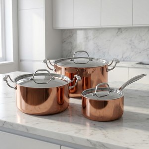 Nouvel arrivage d'usine : Ensemble de 6 casseroles et poêles en cuivre triple couche avec poignées, fond à <span class=keywords><strong>induction</strong></span>, comprenant une casserole, une marmite et une cocotte. - Product Image 5