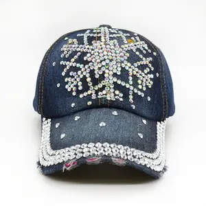 Fashion Rhinestone Crystal Blue Denim Hats New Design Rhinestone Baseball Cap