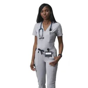 Uniforme médico con 2 bolsillos para mujer, tela elástica, CVC, Hospital, enfermera, Scrub, Tops, pantalones, conjuntos médicos