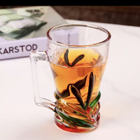 Tasse en verre cristal faite à la main avec poignée, motif feuille peinte moderne et simple, pour usage domestique, tasse à eau/jus, tasse à café