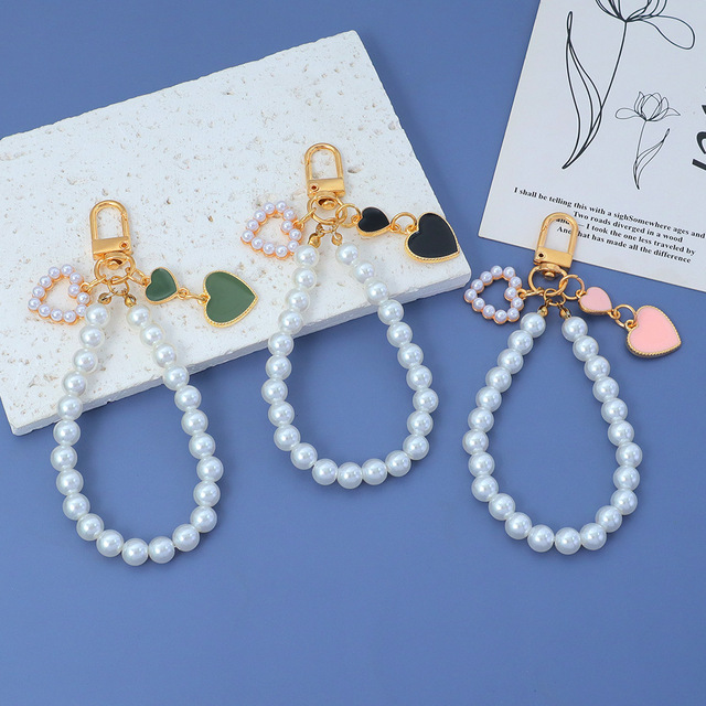 New Heart-Shaped DIY Pearl Zinc Alloy Keychain Pendant with Peach-Heart Charm and Phone/Bag Pendant