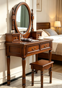 Traditional Solid Wood Makeup <b>Vanity</b> Set With <b>Mirror</b> And Stool 2 Drawers Mahogany Bedroom Dressing Table - Product Image 4