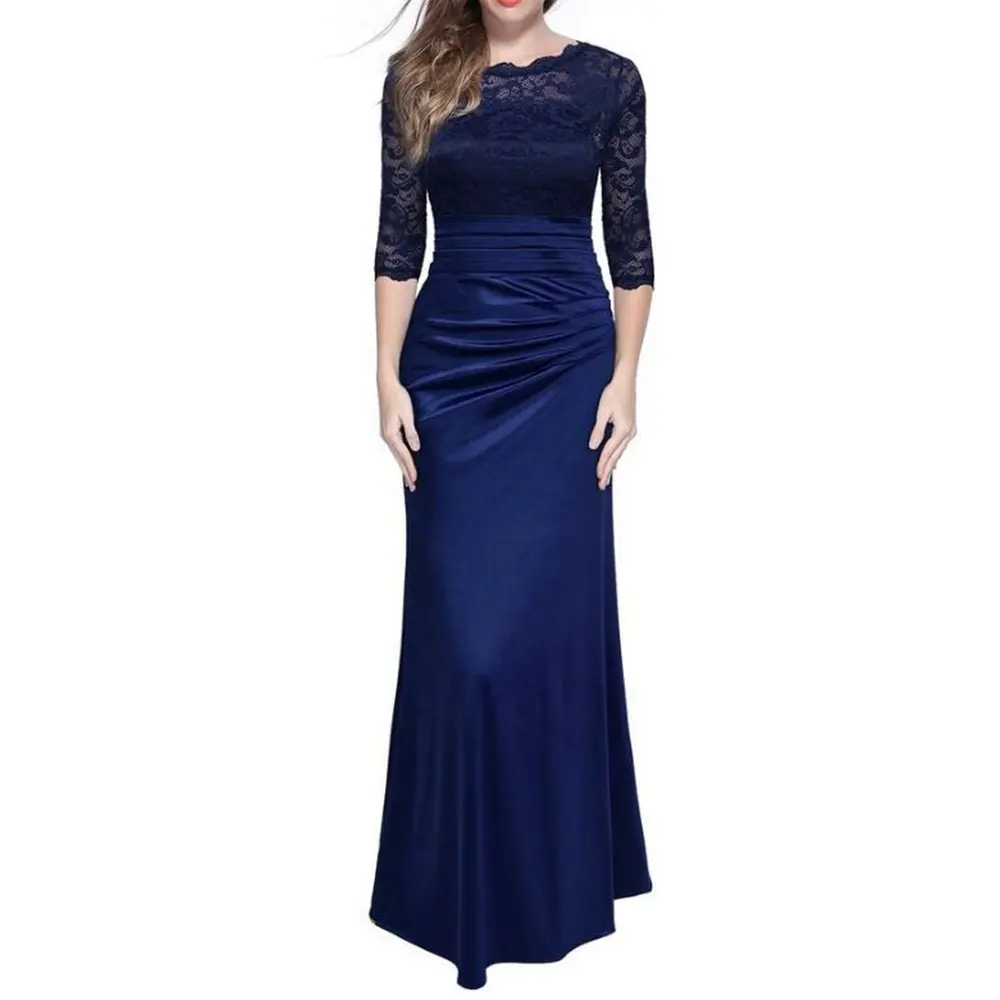 Mother of the Bride Dresses Plus Size Women's Retro Floral Lace Vintage 2/3 Sleeve Slim Ruched Long Wedding Maxi Evening Dress
