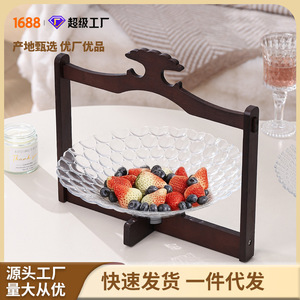 Bandeja giratoria redonda de bambú y vidrio para frutas con diseño tallado, tipo soporte, para uso doméstico, bandeja de almacenamiento. - Product Image 3