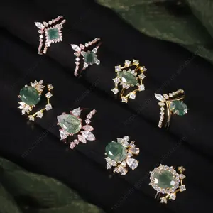 Abiding Fine Jewelry Custom Natural Gemstone Women 925 Sterling Silver Green Moss Agate Engagement Wedding Ring Sets