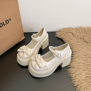 French Bow Mary Jane <strong>Pumps</strong> Solid Color Summer <strong>School</strong> Commuter Shoes Professional Cosplay Height-increasing Thick Base - Product Image 6