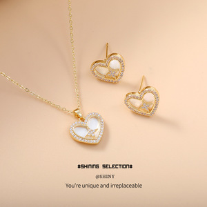 Heart Shaped Seashell Pendant Necklace With Zircon Inlay <b>Copper</b> Alloy Gift Jewelry Set - Product Image 5