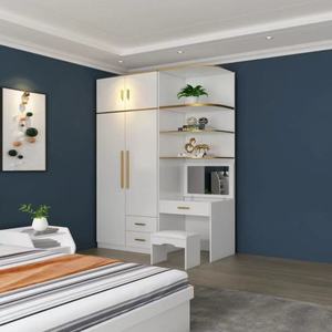 Armoire blanche minimaliste avec quincaillerie dorée, éclairage LED, placard de chambre à coucher haut de gamme avec étagère ouverte, ensemble de coiffeuse intégré - Product Image 4