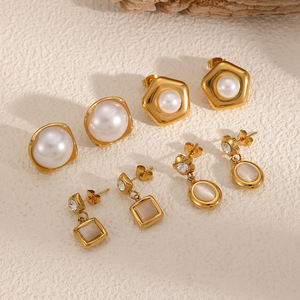 Boucles d'oreilles clous géométriques en perles, plaqué or, alliage de zinc, serti clos, bijoux de mode - Product Image 1