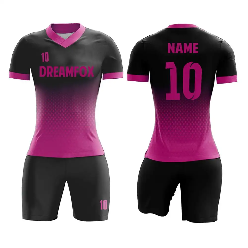 Promoção personalizado uniforme de futebol de secagem rápida definir conjunto completo de mulheres slim fit rosa do futebol jersey