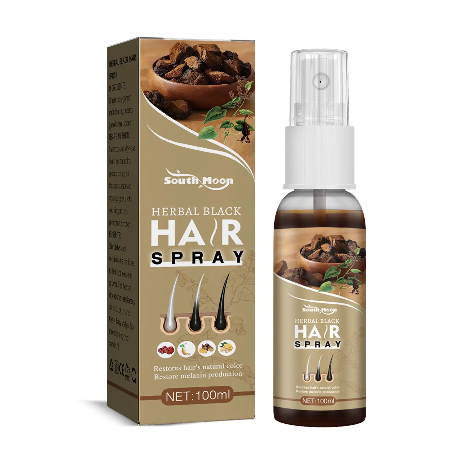 Spray para el cuidado del cabello a base de hierbas South Moon blanco a negro cuidado del cabello hidratante reparación profunda del cuero cabelludo