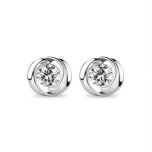 Orecchini a lobo E1336 in oro bianco con diamanti taglio brillante rotondo, montatura a castone, gioielli classici da donna per fidanzamento - Product Image 1