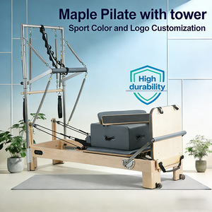 Reformer de Pilates pliable et réglable de haute qualité en bois d'érable et de chêne, avec tour - Product Image 1