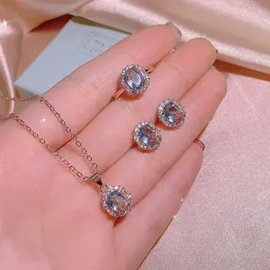 Exquisite Women's Jewelry Set oval Cut Topaz Gemstone Earrings Ring Necklace Wedding Fine Jewelry gift