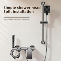 Ensemble de douche anti-brûlure gris anthracite 3 fonctions avec pommeau pluie, douchette à main, bec de baignoire et mitigeur chaud/froid mural - Vente en gros usine