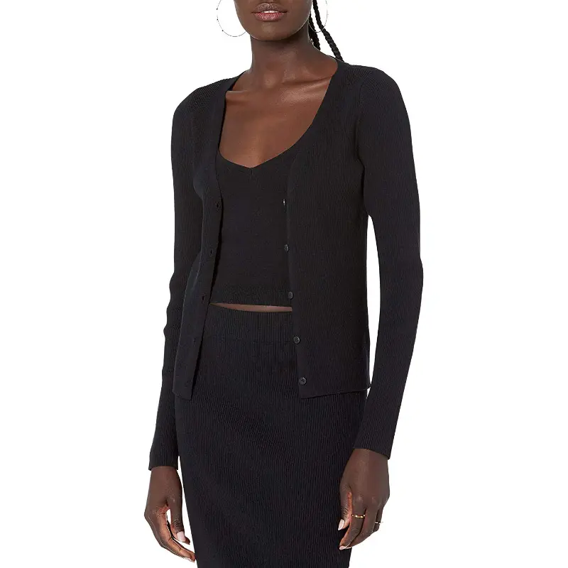 Custom OEM ODM Manufacturer Women Fitted Rib Black Long Sleeve Cardigan Sweater