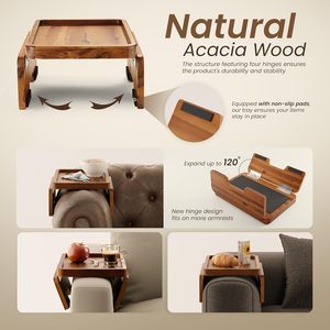 Plateau d'accoudoir de canapé en bois d'acacia à double charnière - Table d'accoudoir de canapé à clipser - Table d'appoint en bois pour manger et boire - Product Image 3