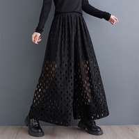 Pantalon Palazzo Femme Noir à Jambes Larges avec Superposition de Dentelle Transparente et Taille Élastique, Collection Printemps-Été 2026 – Vente en Gros