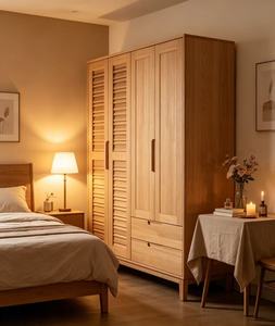 Armario de 4 Puertas de Roble Claro Premium con Puertas de Rejilla y Panel + Cajones, Organizador de Dormitorio Moderno y Minimalista - Product Image 4