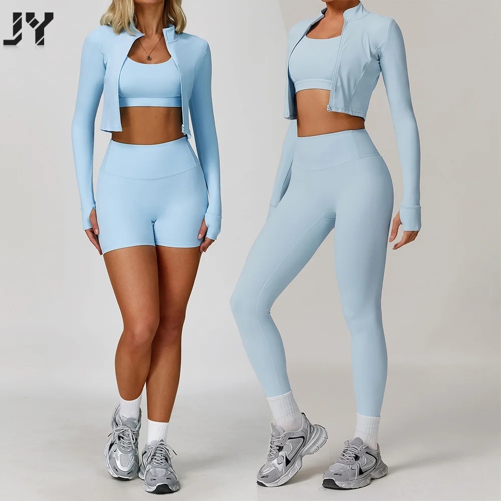 JY Women Tracksuit 3PCS Yoga Suit Sports Set Women Quick-Drying Gym Set Running Workout Long Sleeve Sports Shirt Yoga Clothing
