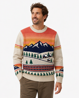 Pull jacquard personnalisé pour homme à col rond, motif cabane de montagne et coucher de soleil, tricot d'hiver, vente en gros OEM