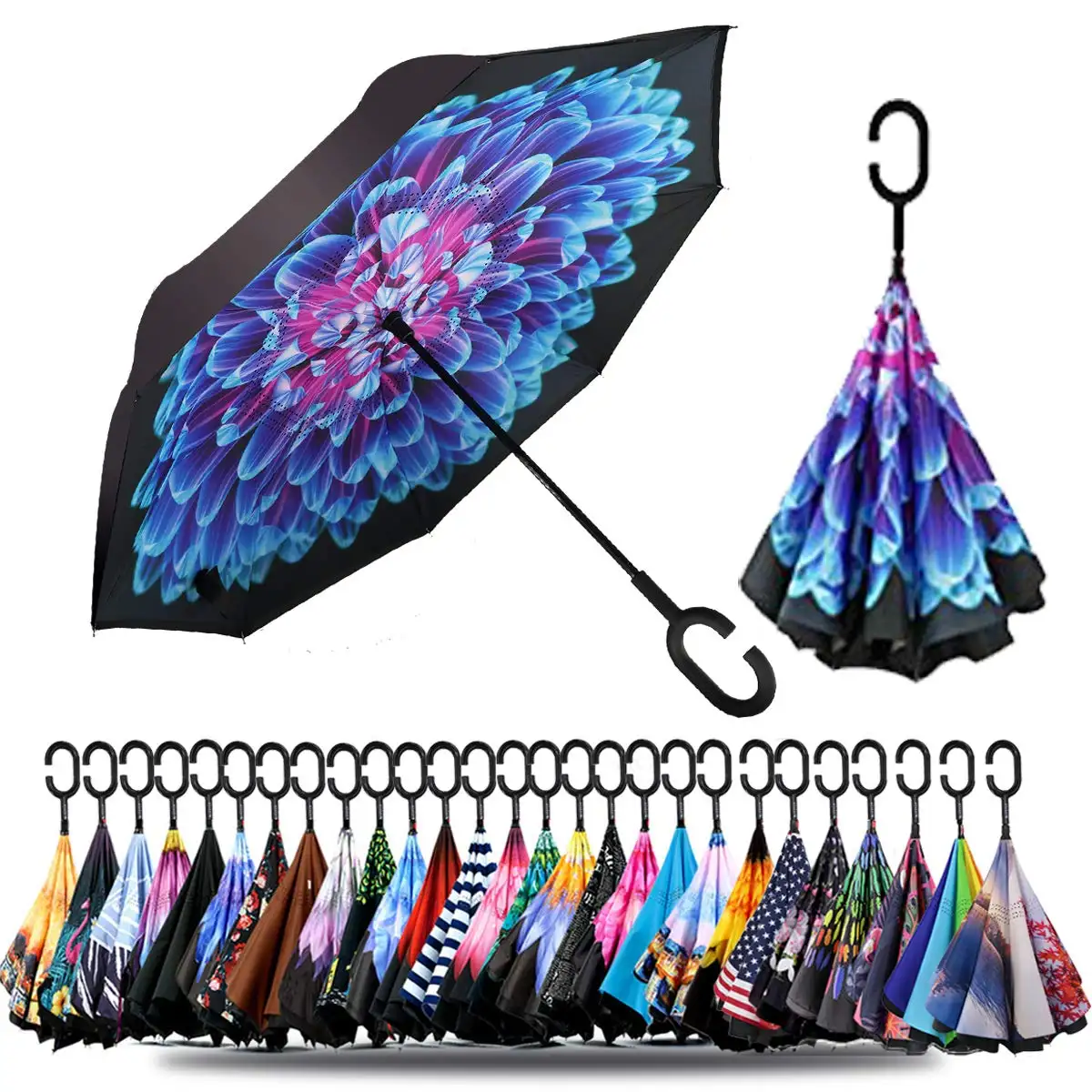 Payung terbalik dengan Logo kustom, payung terbalik terbalik dengan pegangan berbentuk C, payung inverse anti UV tahan angin tahan air