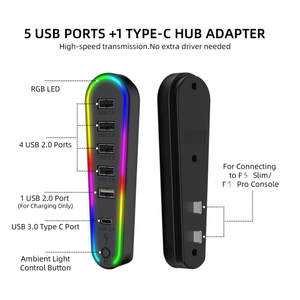 Новинка, оптовая продажа, 6 в 1, <span class=keywords><strong>USB</strong></span>-концентратор для 2,0, расширитель для передачи данных для PS5 Pro/PS5, тонкий <span class=keywords><strong>USB</strong></span>-удлинитель с RGB-подсветкой, аксессуары - Product Image 3