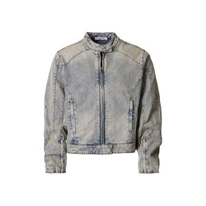 Veste en jean vintage délavée sur mesure pour homme, style hip-hop décontracté avec fermeture éclair, coupe ample, style streetwear - Product Image 2