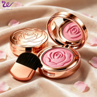 Rubor Mineral de Alta Pigmentación con Logotipo Personalizado al por Mayor, Color Oro Rosa, Espejo Compacto con Brocha, Marca Privada, Vegano, con Relieve 3D de Rosa