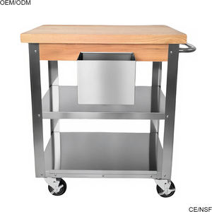 รถเข็นครัวเคลื่อนที่แบบสองชั้น สแตนเลส แข็งแรง ทนทาน ทันสมัย ใช้งานได้หลากหลาย พร้อมท็อปไม้จริง - Product Image 3