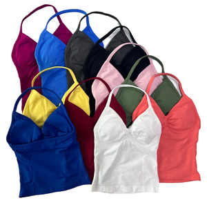 Women's Custom Logo Front Gym <b>Tops</b> Longline <b>Strappy</b> Backless Quick Dry Scrunch Built-In Bra Removable Cups Yoga Tank Styles - Product Image 3