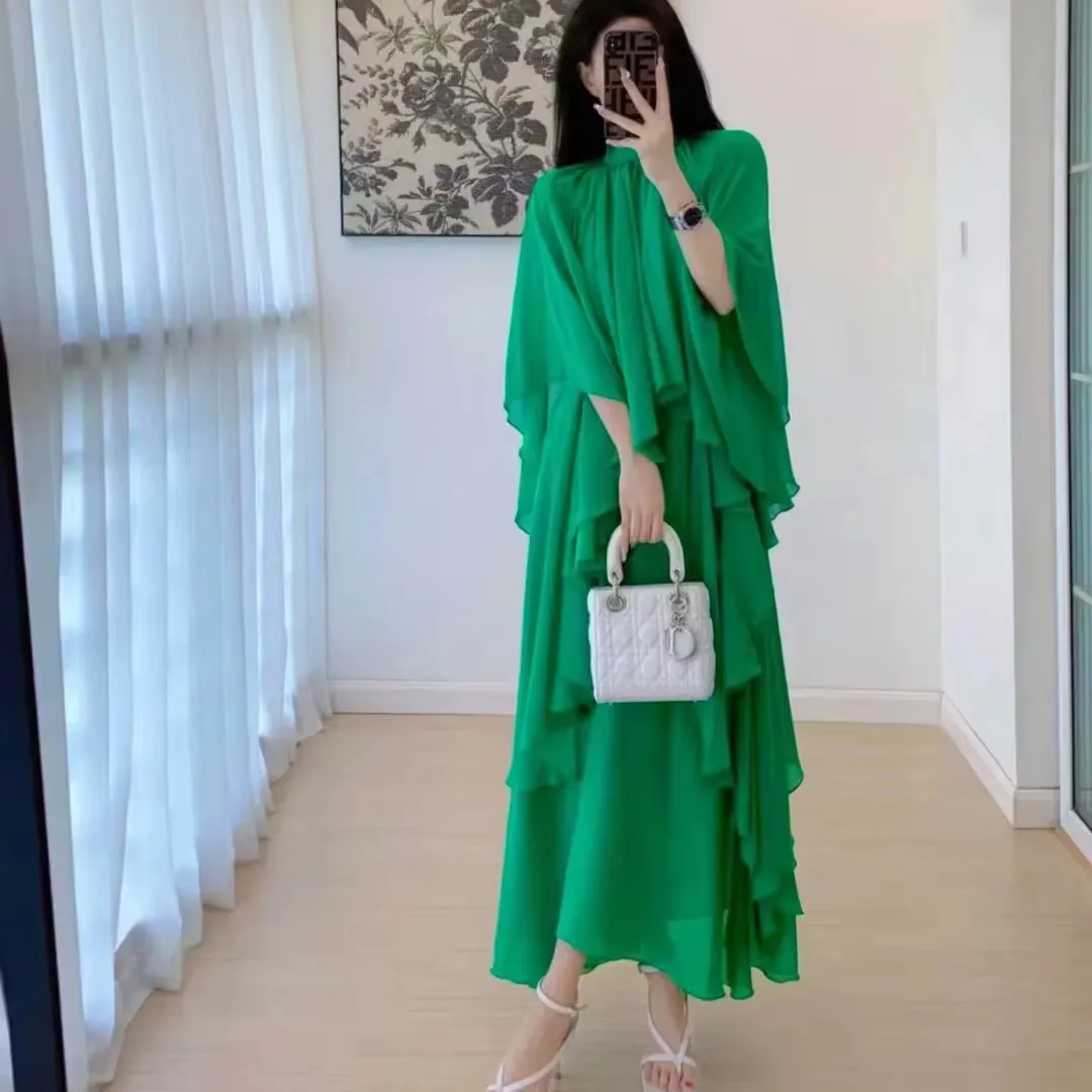 A8874 sıcak satış uzun kollu kadınlar uzun elbise yeşil A-line bayanlar yaz Casual Maxi elbise