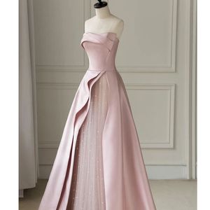 Satin Strapless Mermaid Evening Dress Natural Waist Asymmetric Design Pink Color X046 - Product Image 1