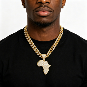 Collar con colgante <span class=keywords><strong>de</strong></span> <span class=keywords><strong>mapa</strong></span> <span class=keywords><strong>de</strong></span> África con incrustaciones <span class=keywords><strong>de</strong></span> diamantes <span class=keywords><strong>de</strong></span> imitación, chapado en oro <span class=keywords><strong>de</strong></span> aleación, cadena cubana, estilo Hip Hop, joyería con encanto <span class=keywords><strong>de</strong></span> herencia africana y estilo urbano - Product Image 1