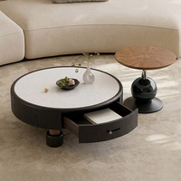 Ensemble de table basse ronde moderne et table d'appoint en placage de noyer avec plateau en pierre blanche, tiroir de rangement, meubles de luxe pour salon et hôtel