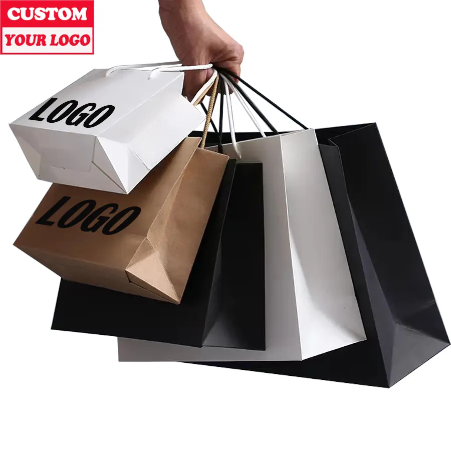 Promotional Printed Wide Base paper gift tote bag For Business Brown Recycle Shopping Kraft custom paper bags with your own logo