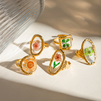 Bague Ouverte Tournesol Séché Résine Imperméable Scellée Couleur Inaltérable Acier Inoxydable Plaqué Or Fleur Vive Éternelle Vente en Gros