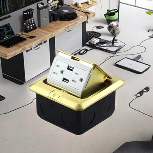 110V/15A America Plug IP44 Waterproof Floor Power Box with 2 USB Ports & 2 Outlets Brass Material
