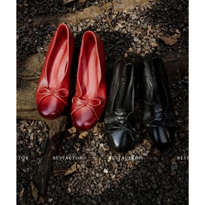 Low-cut single <b>shoes</b> for women flat <b>shoes</b> spring new style genuine leather round toe bow tie red color women's single <b>shoes</b> - Product Image 4