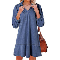 Robe en jean pour femme, multicolore, denim délavé, col en V, manches bouffantes, ourlet à volants, robe en jean décontractée pour femme