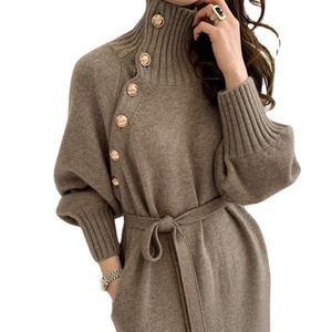 Nuovo Design all'ingrosso da donna a manica lunga abito in maglia con pulsante cintura stile francese elegante tinta unita <span class=keywords><strong>maglione</strong></span> Casual abito <span class=keywords><strong>lungo</strong></span> - Product Image 6