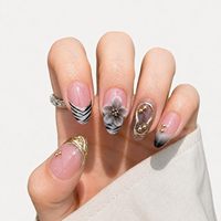 LUMEILA Ongles à presser en acrylique couvrants, thème Océan Rose, 3D Coquillage Étoile de mer Fleur Goutte d'eau Amande, avec colle, finition brillante, nude nacré