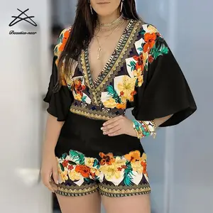 Mono de talla grande con cuello de pico profundo para mujer, de una pieza Peto corto con estampado Floral, monos sexys para mujer y monos cortos 2021