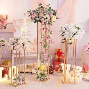 골드 웨딩 센터 피스 테이블 높이 금속 꽃 스탠드 장식 결혼식 파티 금속 바닥 기하학적 꽃병