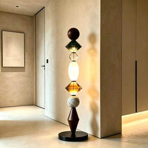 Lámpara de Pie Geométrica Moderna, Lámpara de Pie Decorativa de Vidrio Artístico, Madera y Mármol para Sala de Estar, Dormitorio, Hotel - Product Image 3