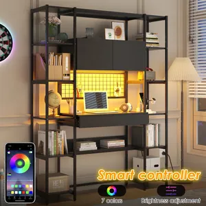 Multi - Functional Tall <strong>Shelving</strong> <strong>Unit</strong> Integrated <strong>with</strong> Office <strong>Desk</strong>, Illumination and Power Supply for Home Office - Product Image 3